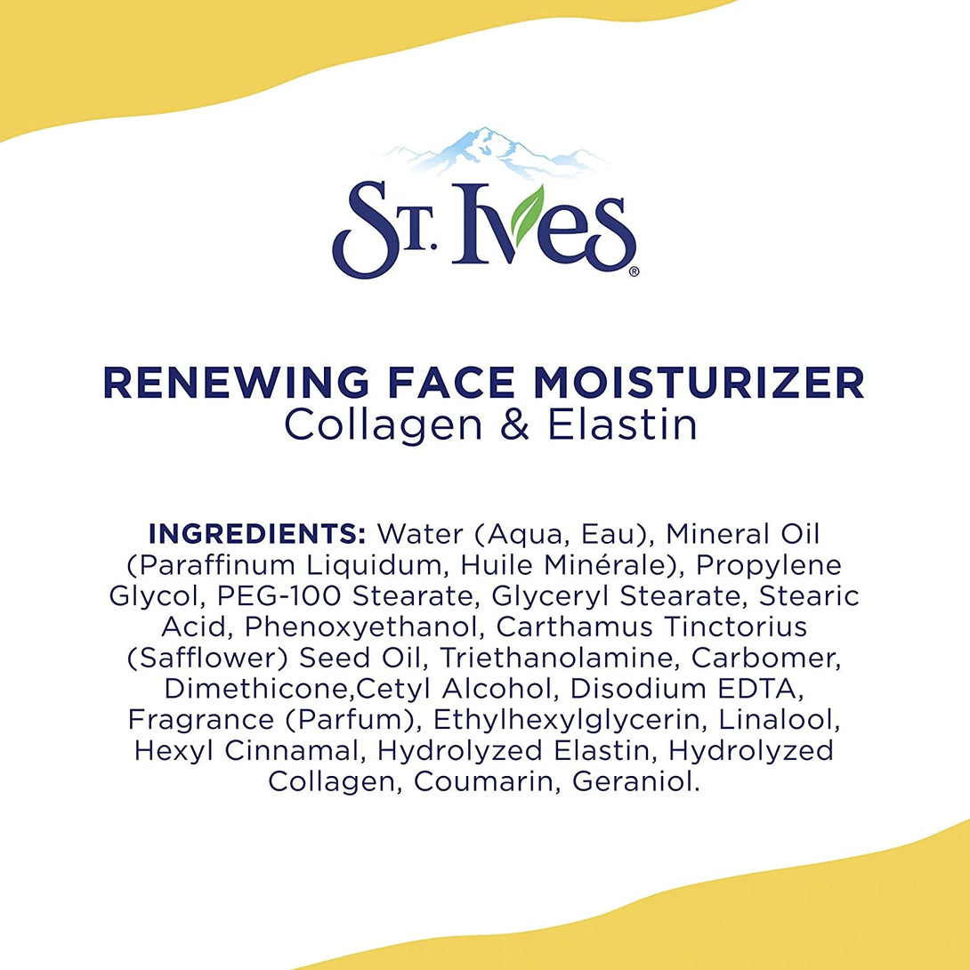 St. Ives Face Moisturizer Cream, Collagen and Elastin, Renewing Facial Moisturizer for Women, Paraben Free, Dermatologist Tested Daily Moisturizing for Dry Skin Cruelty Free, 10 Oz