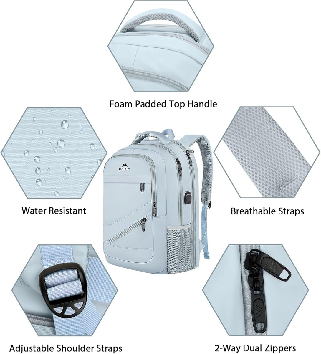 MATEIN Laptop Backpack Women, 17 Inch Big Work Bags with USB Charging Port for Nurses, Water Resistant Travel Backpack TSA Approved, Stylish Daypack College Bag for Women, Haze Blue