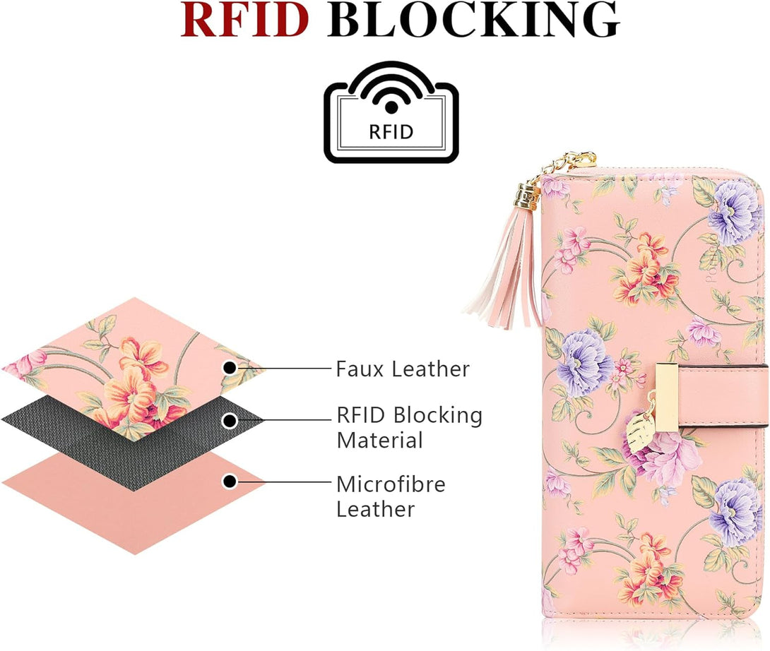 RFID Wallets for Women with Multiple Card Slots and Cellphone Compartment, Womens Wallet(Pink Rattan)