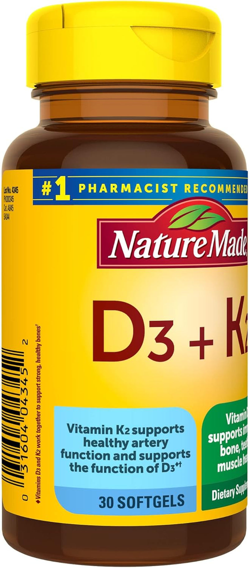 Nature Made Vitamin D3 K2, 5000 IU (125 Mcg) Vitamin D, Dietary Supplement for Bone, Teeth, Muscle and Immune Health Support, 30 Softgels, 30 Day Supply