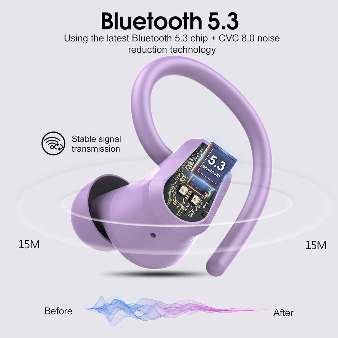 Wireless Earbuds, Bluetooth 5.3 Headphones Sport, in Ear Buds Wireless Earbuds Bluetooth 50H Playtime LED Display, Deep Bass Stereo Noise Cancelling Headphones, IP7 Waterproof Earphones, Bright Purple
