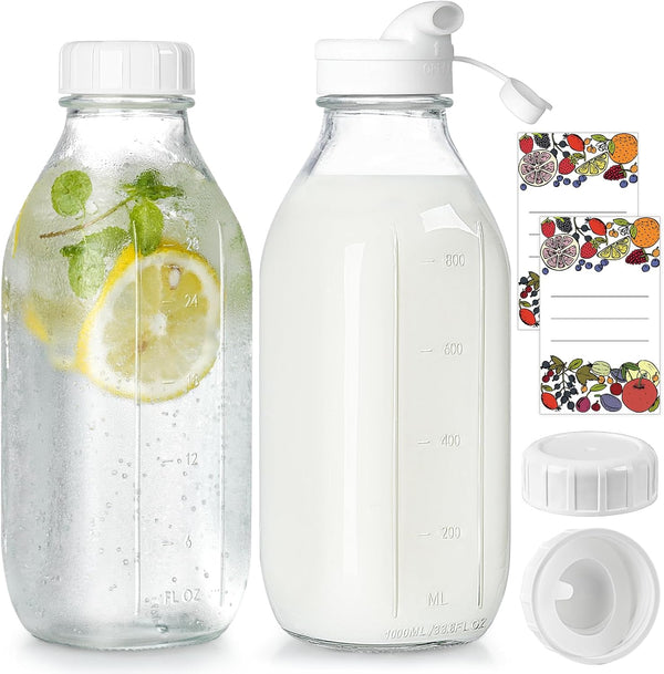Milk Bottle with Dispenser Cap, 100% Airtight Heavy Duty Screw Lid. 2 Pack 32 Oz Reusable Glass Bottles with 3 Lids! Breast Milk Jug Pitcher, Buttermilk, Water, Juice Bottles W Cap, Syrup, Honey