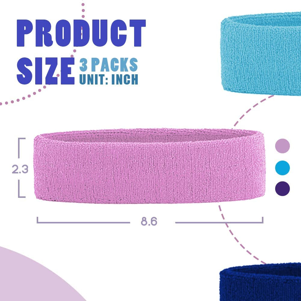 3 Pack Men & Women Sweatband Headband Terry Cloth Moisture Wicking for Sports Tennis Gym Work Out