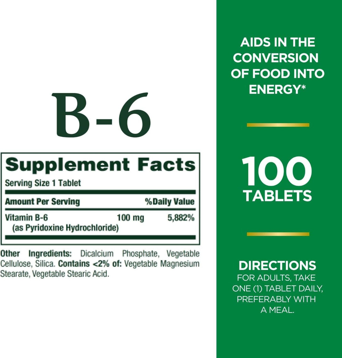 Nature'S Bounty Vitamin B6 100Mg Tablets - Supports Energy Metabolism & Nervous System Health, 100 Ct