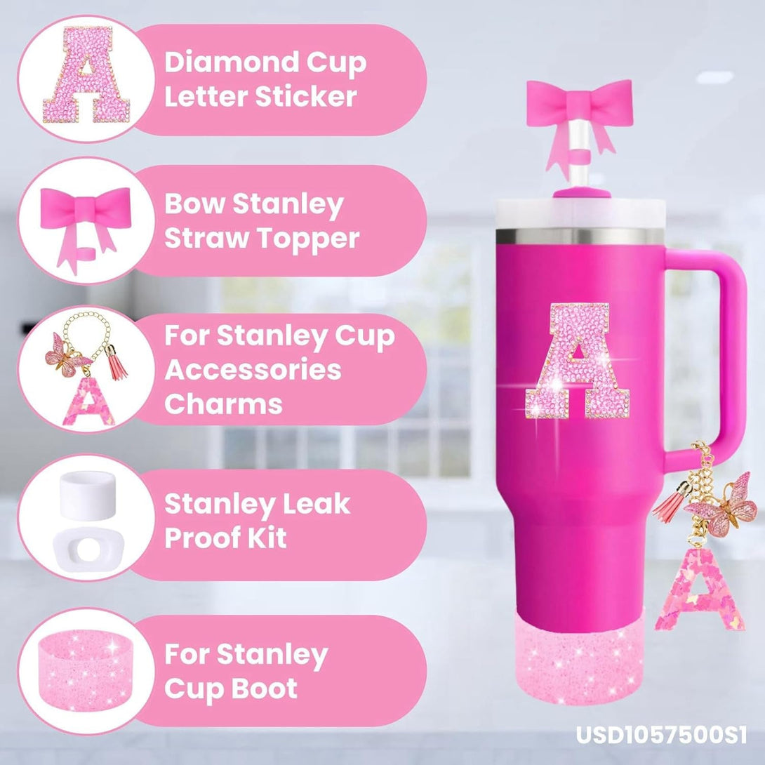 6PCS Pink Stanley Cup Accessories Set, Initials Decorations for Stanley Cup 30Oz 40Oz, Includes Bow Straw Topper, Handle Charm, Letter Sticker, Silicone Boot, Spill Proof Stopper (Letter M)