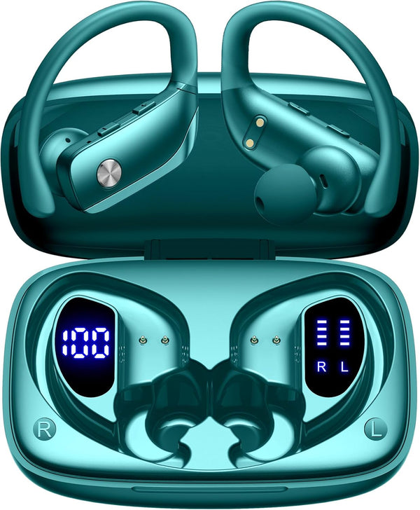 Bmani Wireless Earbuds Bluetooth Headphones 48Hrs Play Back Sport Earphones with LED Display Over-Ear Buds with Earhooks Built-In Mic Headset for Workout Green