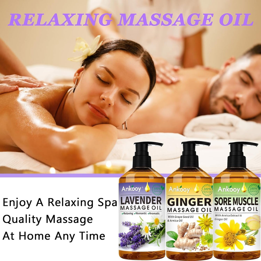 Fathers Day Gift from Wife-3 Pack Massage Oil for Massage Therapy,Sore Muscle Arnica Oil & Lavender Massage Oils for Date Night & Ginger Oil Lymphatic Drainage & Massage Ball,Spa Gifts for Him Her