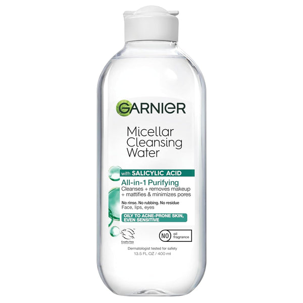 Garnier Micellar Water with Salicylic Acid, All-In-1 Mattifying Facial Cleanser and Makeup Remover for Oily and Acne Prone Skin, 13.5 Fl Oz