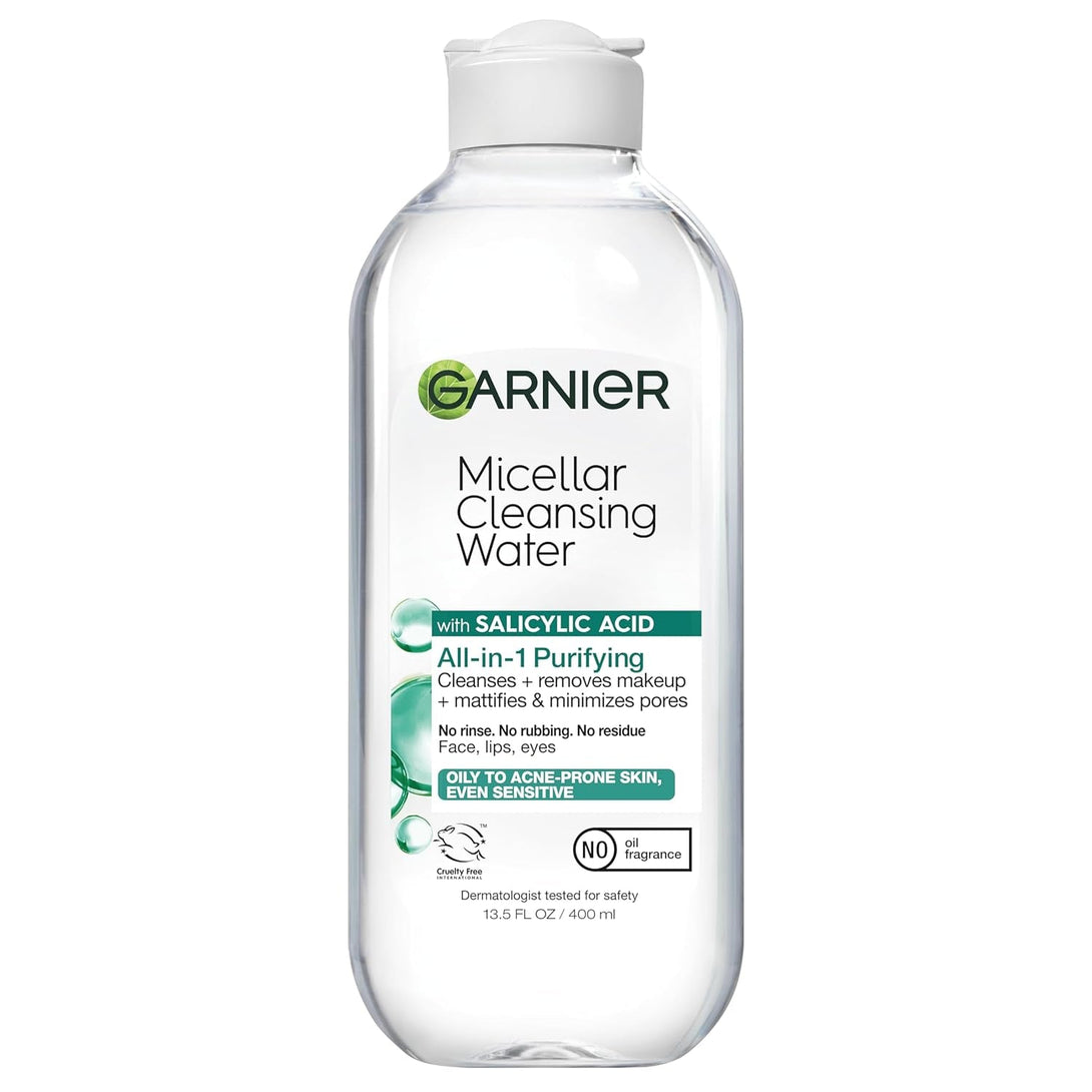 Garnier Micellar Water with Salicylic Acid, All-In-1 Mattifying Facial Cleanser and Makeup Remover for Oily and Acne Prone Skin, 13.5 Fl Oz