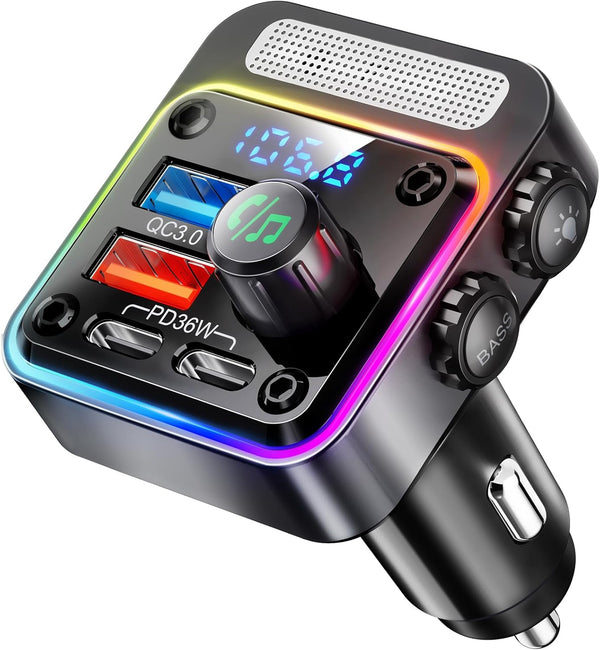 Nulaxy 54W Bluetooth 5.3 Car Adapter with 4 Charging Ports [PD 36W & QC3.0 18W], Wireless Radio FM Transmitter with Deep Bass Player & 5 Colors LED Backlit, Hands-Free Calling, Black