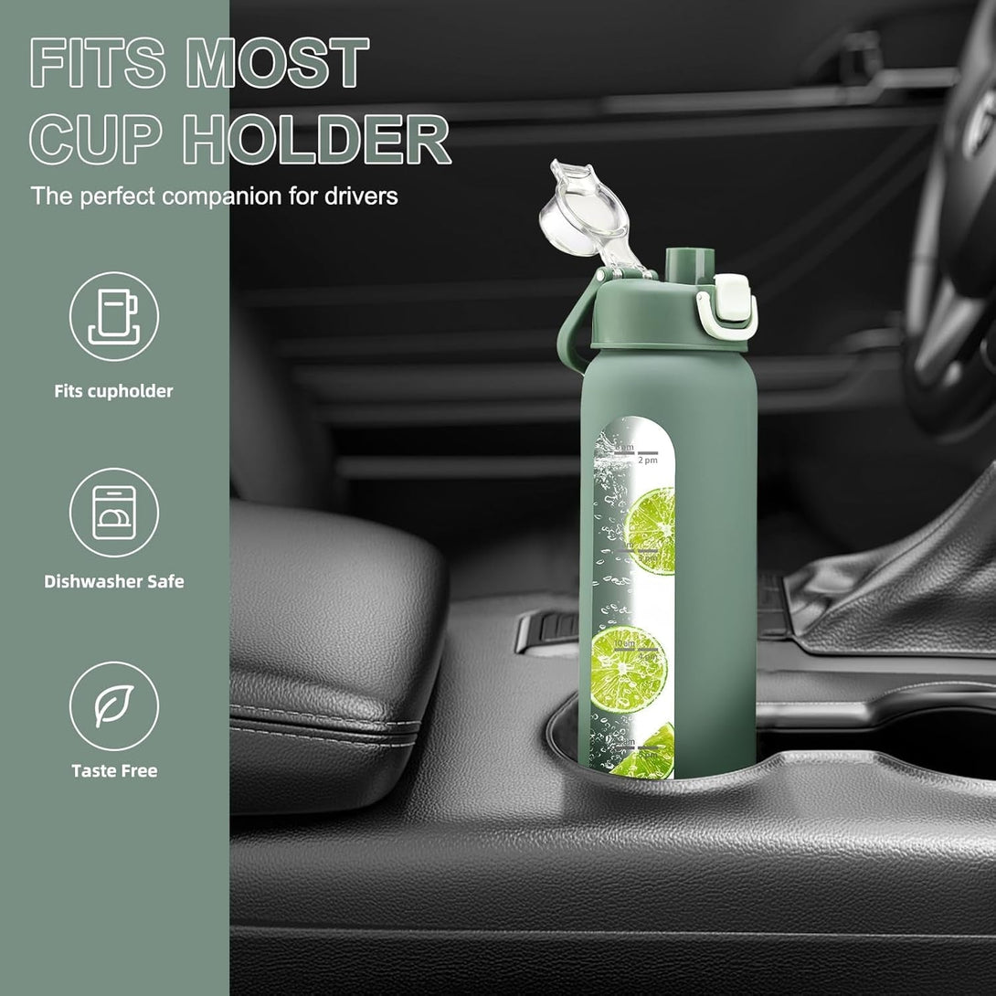 32 Oz Glass Water Bottles with 2 Lids-Handle Spout Lid & Straw Lid, 1 Liter Motivational Borosilicate Water Bottle with Time Marker and Silicone Sleeve,Leakproof-Olive-1 Pack