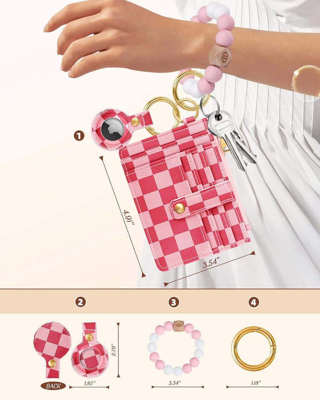 Wallet Keychain Wristlet for Women with Airtag Holder - Cute Design Credit Card Holder Wallets Key Chain Ring Slim Small RFID Air Tag Coin Pocket Purse for Ladies Teen Girls,Pk Grid