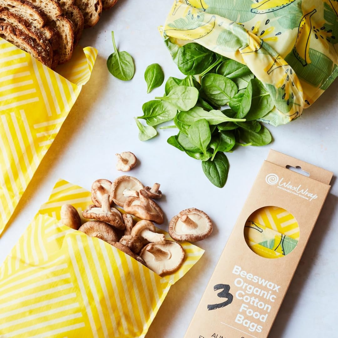 Waxwrap Beeswax Wraps for Food, Organic Cotton Food Bags - Sustainable Plastic Bag Alternative, Reusable Snack Bags, Bees Wax Wraps Reusable Food Storage - Assorted 3 Pack (S, M, L)