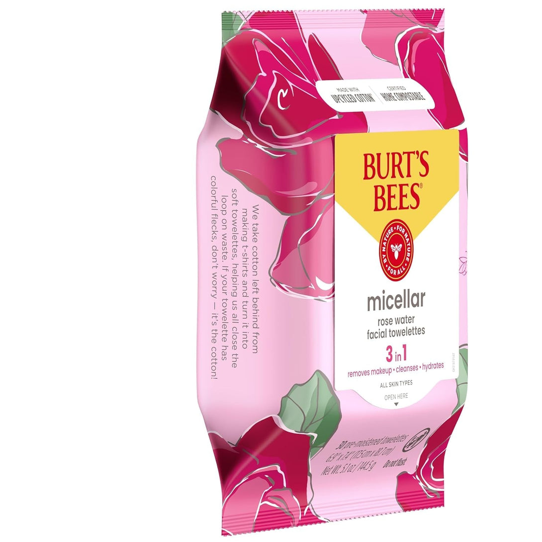 Burt'S Bees Rose Water Face Wipes, for All Skin Types, Hydrating Micellar Makeup Remover & Facial Cleansing Towelettes, 30 Ct (3-Pack)