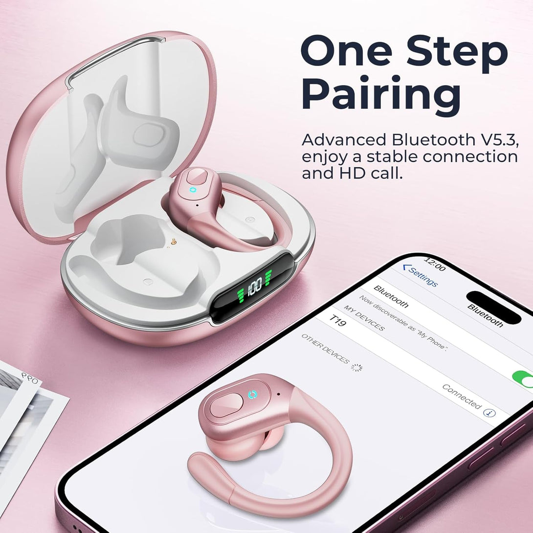 Occiam Wireless Earbuds Bluetooth Headphones 90H Playback Sport Ear Buds with Earhook LED Display Charging Case in Ear Sweatproof Running Earphones for Workout Ios Android Cellphone,Rose Gold