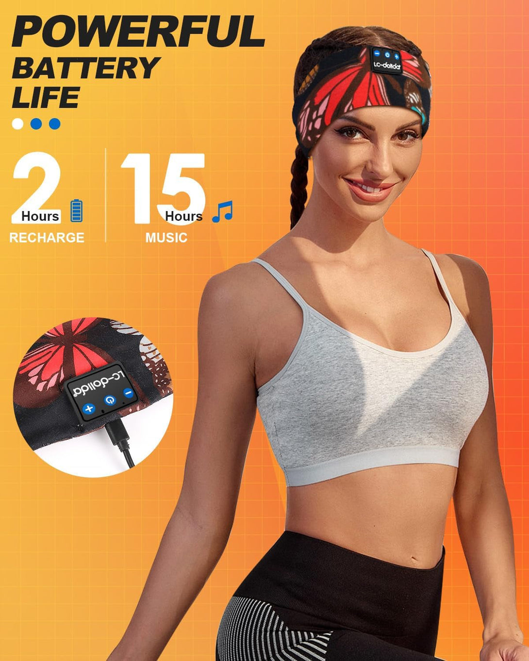 Lc-Dolida Sleep Headphones Headband Bluetooth 5.4, Sports Headband Earphones Wireless with Speaker Microphone USB C for Sleeping Gift Workout Jogging Yoga Insomnia Travel Meditation, Butterfly