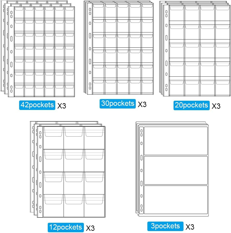 15 Sheets Plastic Coin 9-Hole 5 Sizes Pocket Pages Standard Coin Currency Money Pocket Inserts Collecting Sleeves for Coin Stickers Currency Badges Stamp and Other Collection Storage Supplies