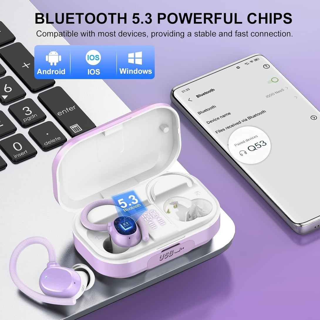 Purple Wireless Earbuds Bluetooth Headphones with Mic - Hifi Stereo, Deep Bass, 120Hrs Playtime, USB-C, IP7 Waterproof, Dual LED Display for Running Sports