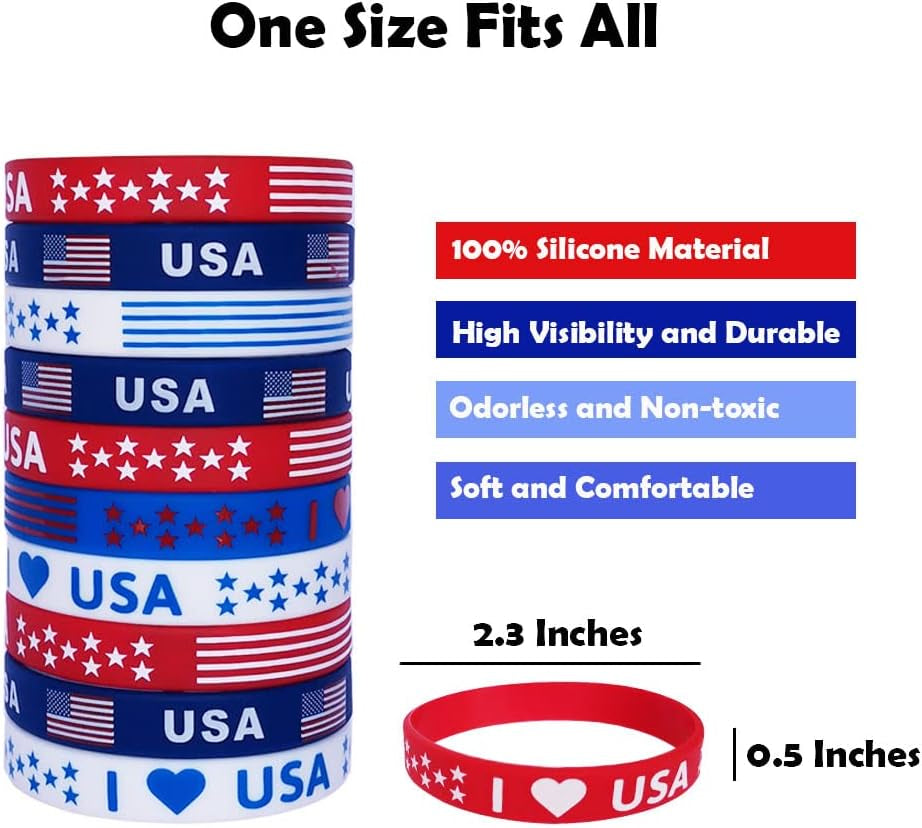 American Flag Silicone Bracelet 40Pcs, Patriotic Party Fourth 4Th of July Party Favors, Memorial Day Veterans Day Wristband, USA Red White and Blue Decoration
