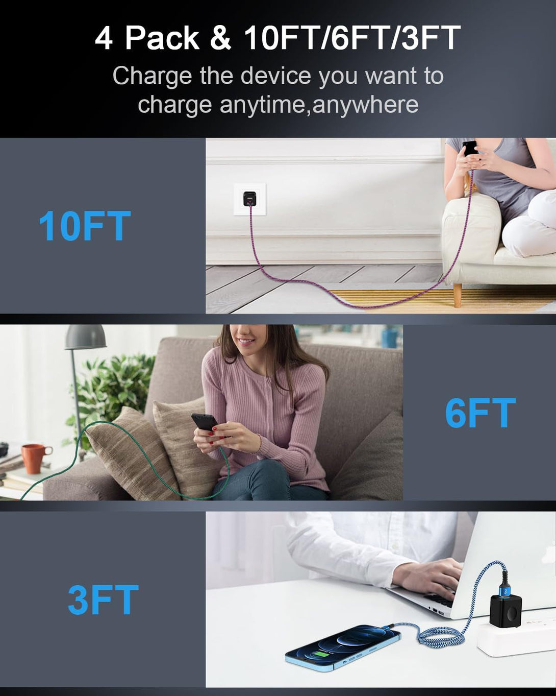 USB a to Lightning Cord, 4Pack/3Ft Nylon Braided Iphone Charger Cable, Apple Approved Fast Charging Power Wire for Iphone 14, 14 Pro Max, 13 Pro Max, 13Pro, 13, 13 Mini, 12 11 10 XR XS X 8 plus 7 6 6S