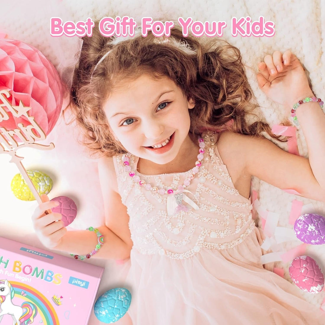 Kids Bath Bombs for Girls with Toys Inside, 12+1 Pack Unicorn Bath Bombs with Surprise Jewelry for Kids, Princess Girls Bathbombs with Mermaid Necklace 3 4 Year Old Girl Birthday Easter Gifts