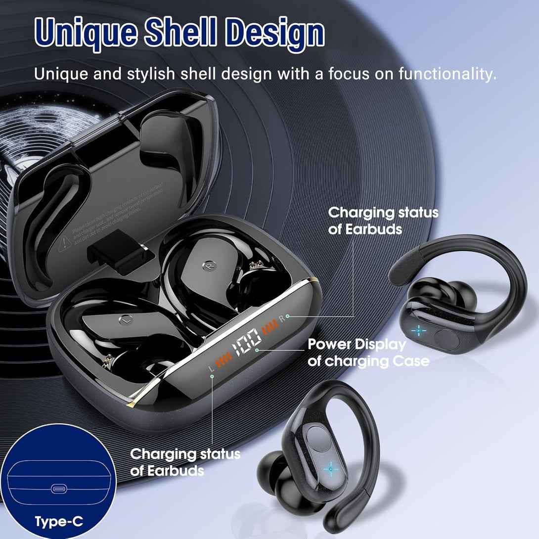 Wireless Earbuds Bluetooth 5.4 Headphones Sports, 75H Stereo Deep Bass over Ear Buds with Earhooks, Bluetooth Earbuds with 4 ENC Mic, LED Display, IP7 Waterproof Earphone for Running, Black