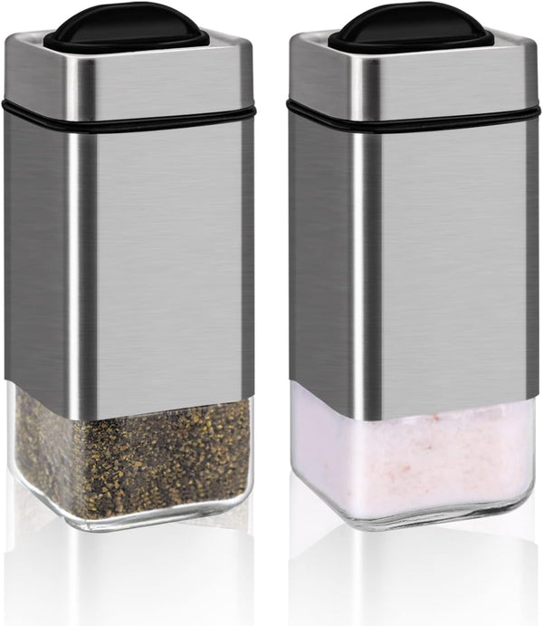 Salt and Pepper Shakers by Aelga, Glass Salt Shaker Set with Adjustable Pour Holes, Ideal for Black Pepper, Kosher and Himalayan