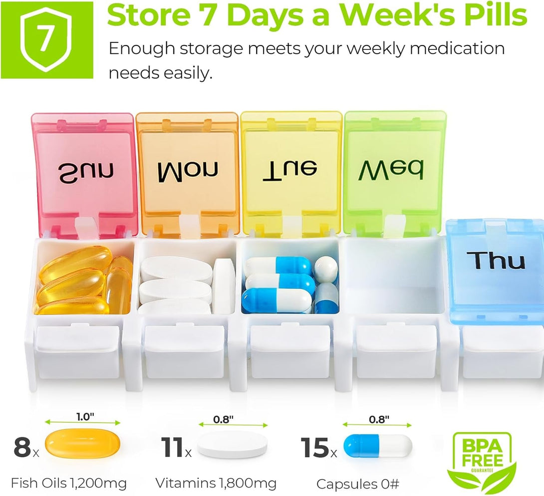 AUVON Weekly Pill Organizer Arthritis Friendly, BPA Free Travel 7 Day Pill Box Case with Spring Open Design and Large Compartment to Hold Vitamins, Cod Liver Oil, Supplements and Medication