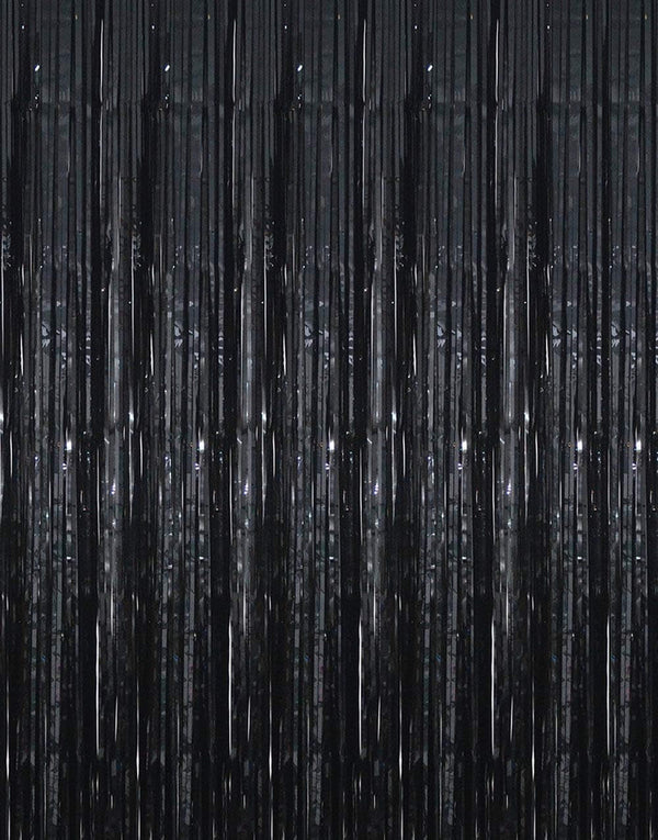 GOER 3.2 Ft X 9.8 Ft Black Photo Backdrop Party Streamers for Halloween,Birthday Party,1 Pack Black Metallic Tinsel Foil Fringe Curtains Party Decorations Wedding Decor