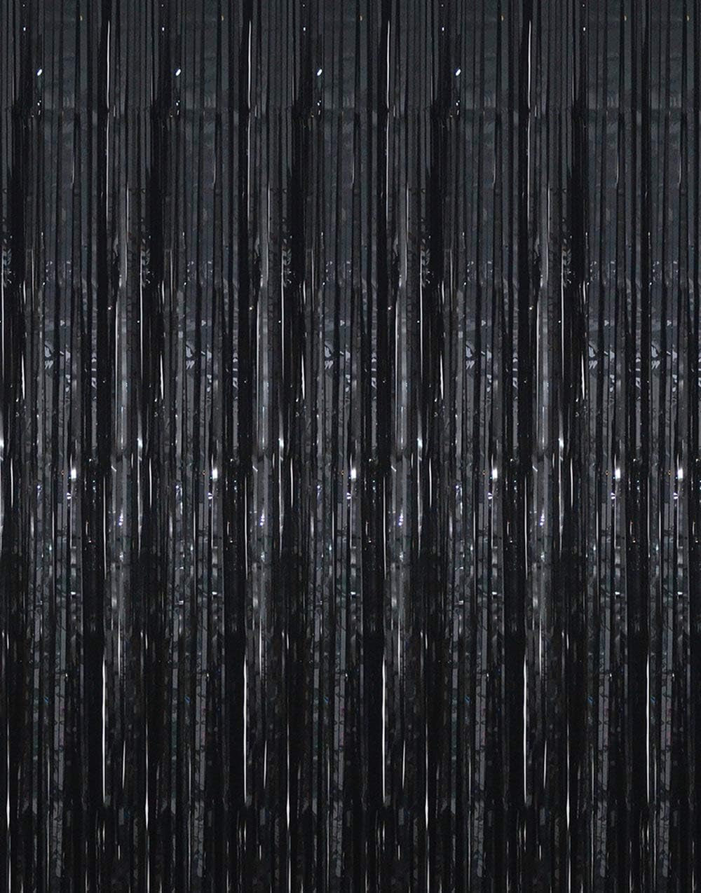 GOER 3.2 Ft X 9.8 Ft Black Photo Backdrop Party Streamers for Halloween,Birthday Party,1 Pack Black Metallic Tinsel Foil Fringe Curtains Party Decorations Wedding Decor