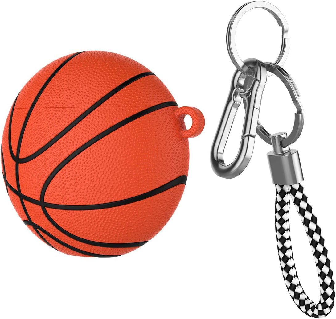 For Airpod Case, Cool Design Sports Cute Funny Basketball round Hard PC Plastic Airpods Case Cover with Keychain Key Ring Lanyard Compatible with Airpods 2 & 1, Brown