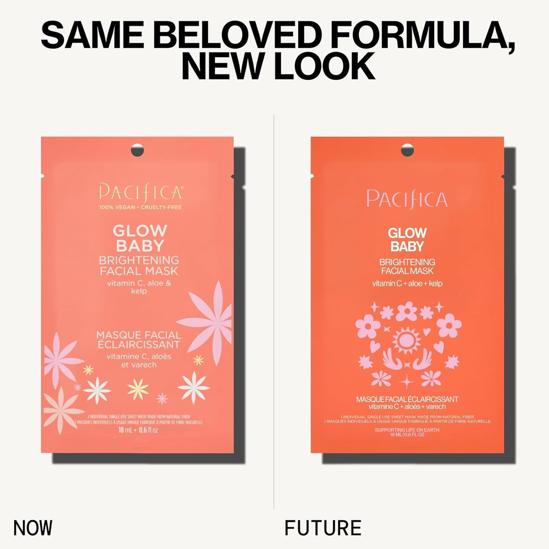 Pacifica Sheet Face Mask - Glow Baby Brightening Facial Mask W/Vitamin C, Aloe & Kelp – Cooling Mask for Dark Spots & Fine Lines - Clean Beauty Vegan & Cruelty-Free Dermatologist Tested