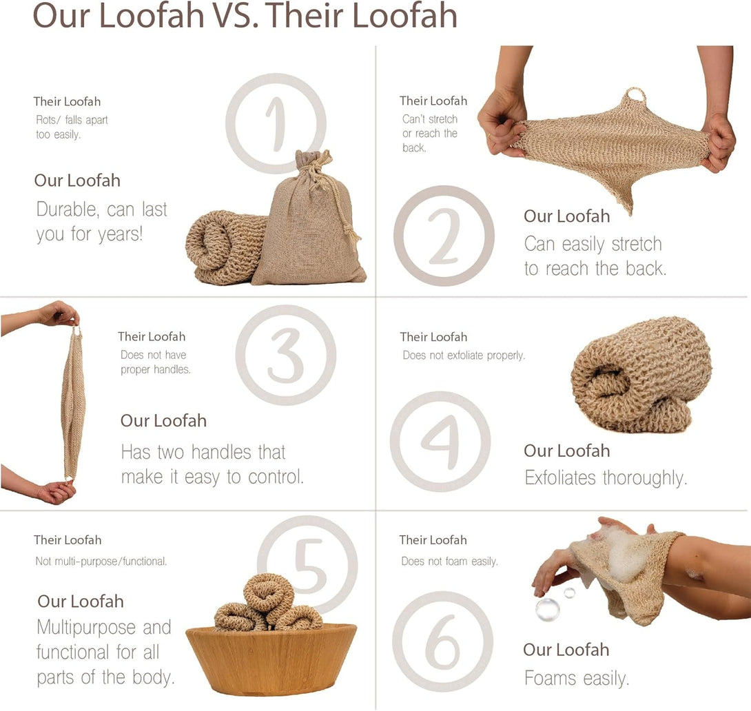 Natural Loofah Exfoliating Body Scrubber, Handmade Durable Wash Cloth, Back Scrubber with Handles for Bath and Shower, Deep Clean, Skin Care, Kurdish Loofah, Bath Accessories