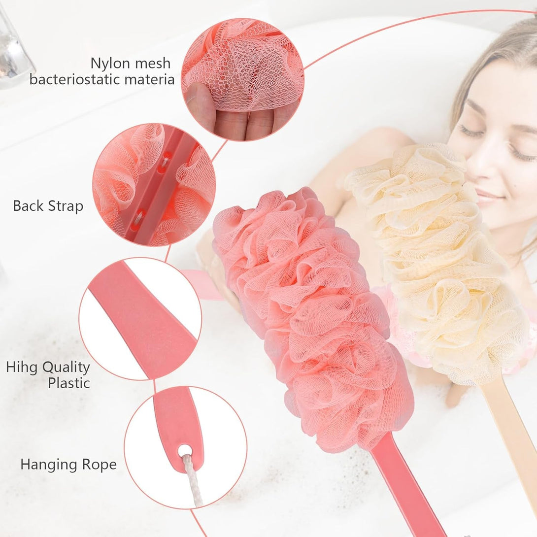4Pack Back Scrubber for Shower Loofah with Long Handle, Shower Brush for Body, 17″ Loofah on a Stick for Men Women Bathing Accessories, Scrubber Sponge for Exfoliating Bath Brushes (Beige & Pink)