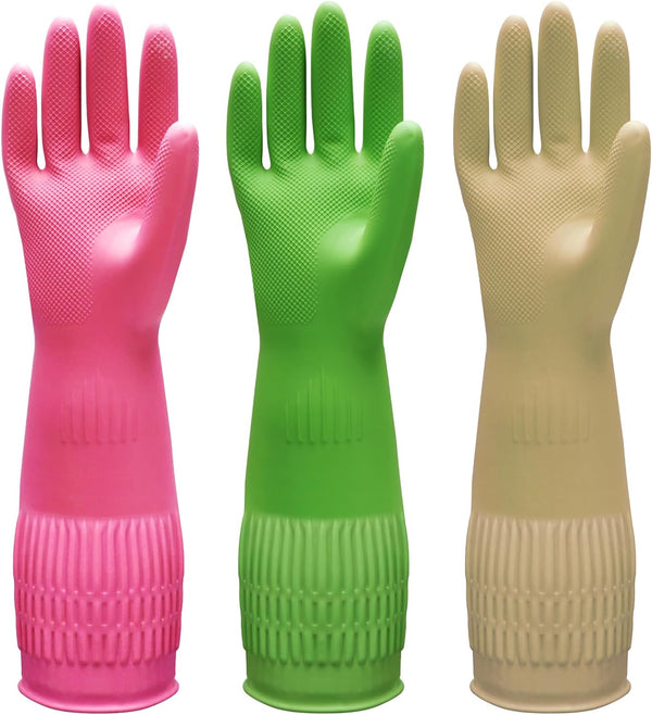 Bamllum 3 Pairs of Rubber Dishwashing Gloves for Kitchen and Household Cleaning – Long Cuff 15", Reusable, Flexible Long-Lasting and Non-Slip (Red+Yellow+Green, X-Large)