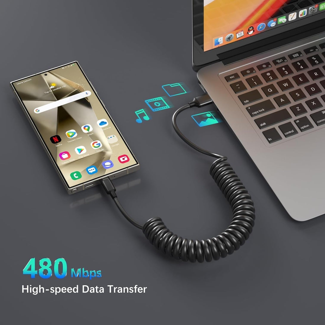 USB to USB C Cable Coiled Car Charger, C Charger Fast Charging Cord 3Ft for Carplay 60W 3A Retractable Auto USB a to USB C for Iphone 16 15 Galaxy S25 Ultra S24 FE A15 A54 A35 A16, 2Pack