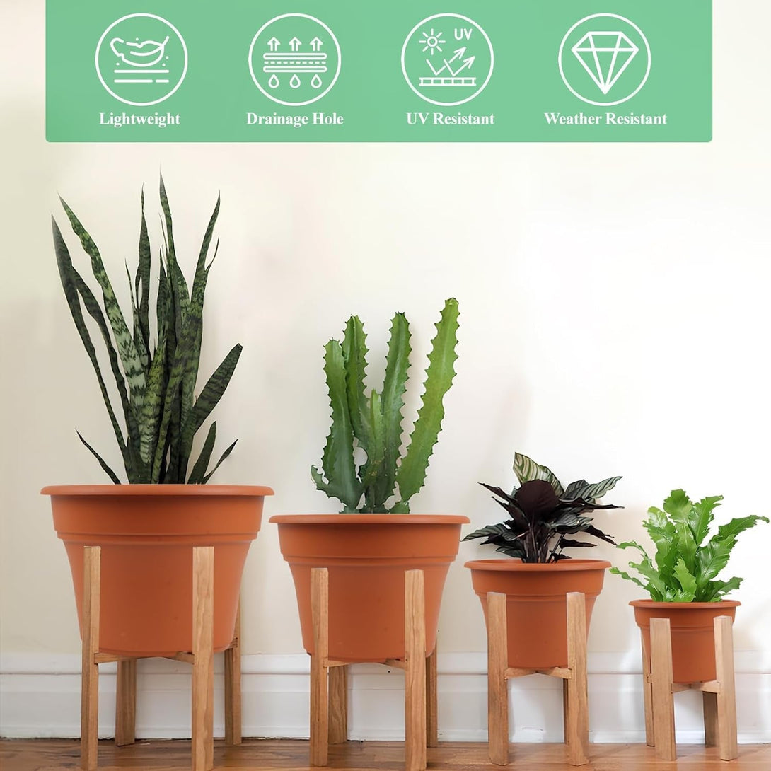 8 Inch Plastic-Flower Pot-For-Indoor Plants, 4 Pack Large Outdoor Planter Pot with Drainage Holes & Saucers, Resin Decorative Garden Pots Planters