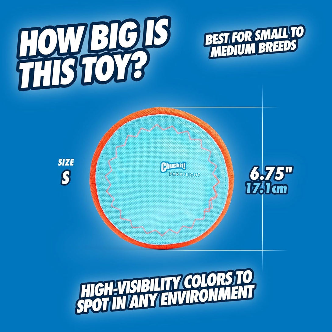 Chuckit! Paraflight Flying Disc Dog Toy - Water Floating Flyer - Durable Nylon Construction with Soft Rubber Edges - for Small and Medium Dogs - Size Small - 6.75" L X 6.75" W - Pack of 1