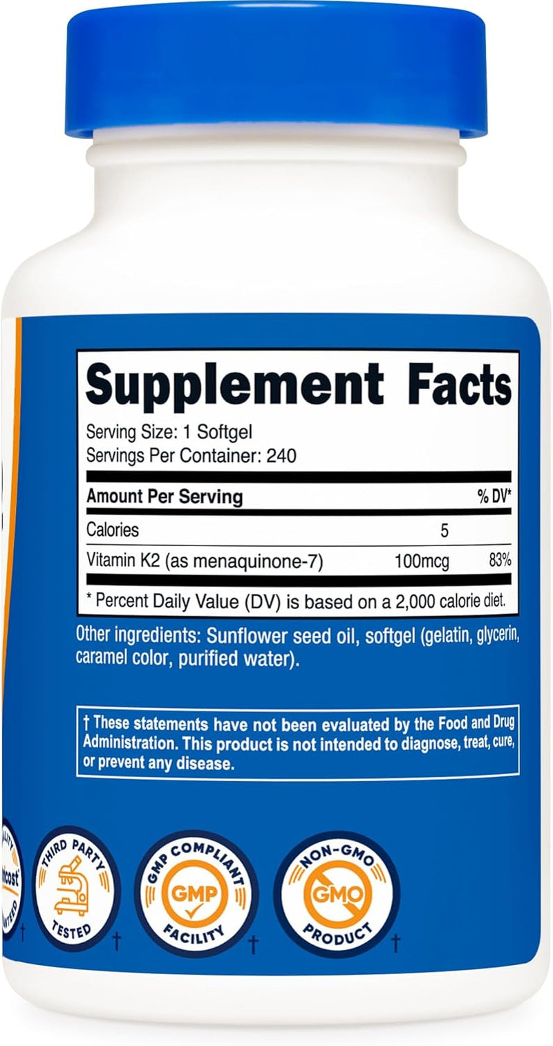Nutricost Vitamin K2 MK-7 100 Mcg, 240 Softgels - Gluten Free and Non-Gmo MK7