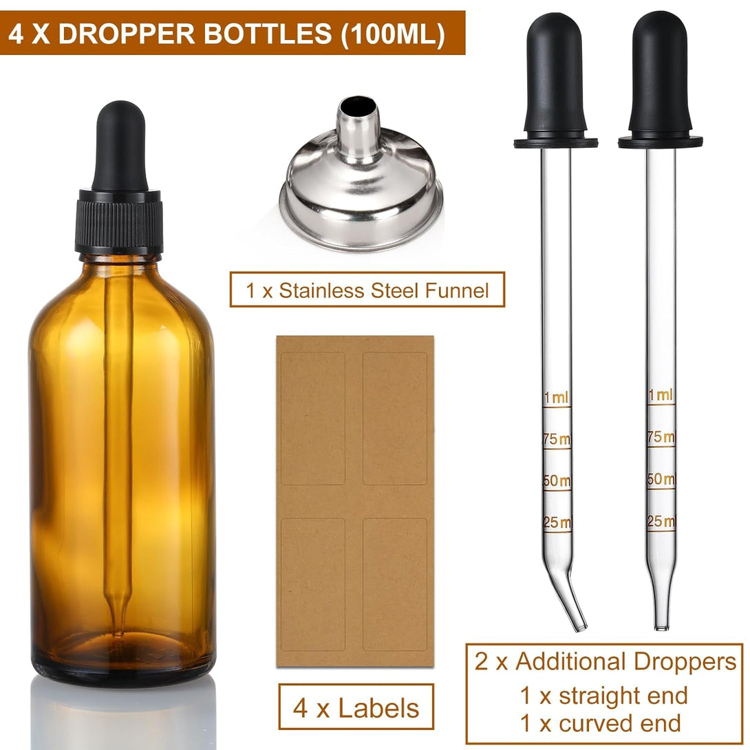 4 Pack, 100Ml Dropper Bottles with 2Pcs Glass Pipettes(1Ml) - Essential Oils Bottles for Health, Personal Care & Beauty - 3.4Oz Thick Dark Amber Glass Tincture Bottles with Eye Droppers, Leakproof