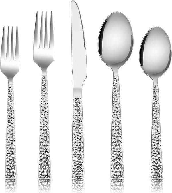 E-Far Hammered Silverware Set, 40-Piece Stainless Steel Square Flatware Set for 8, Metal Tableware Cutlery Set Includes Dinner Knives/Forks/Spoons, Modern Design & Mirror Polished - Dishwasher Safe