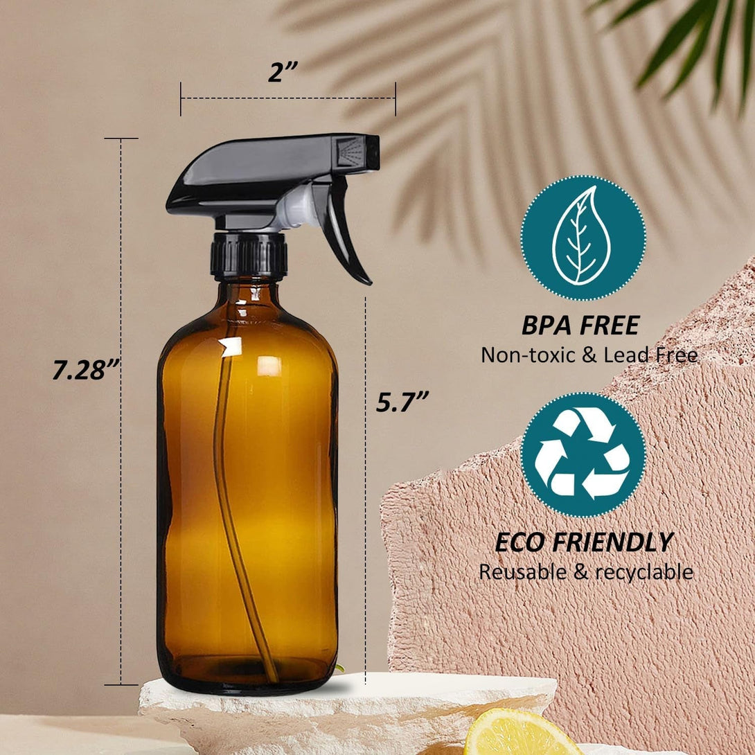8 Oz Amber Glass Spray Bottles - 2 Pack Empty Refillable Bottle for Cleaning Solutions,Hair Care,Essential Oils, Plants - Durable Nozzle,With Labels &Funnel, Dropper