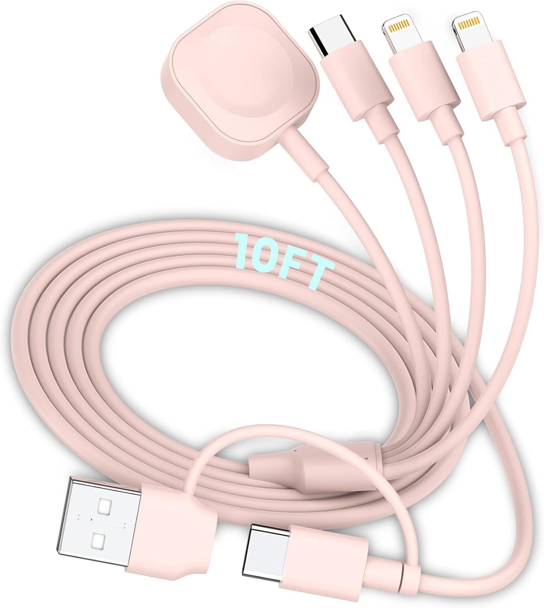 6In1 Multi Charging Cable 10FT, Magnetic Charger for Apple Watch Ultra/Se/9/8/7/6/5/4/3/2/1, Multiple Charger Cord for Iphone 15/14/13/12/11/Galaxy/Pixel, Pink USB A/C Universal Travel Charger