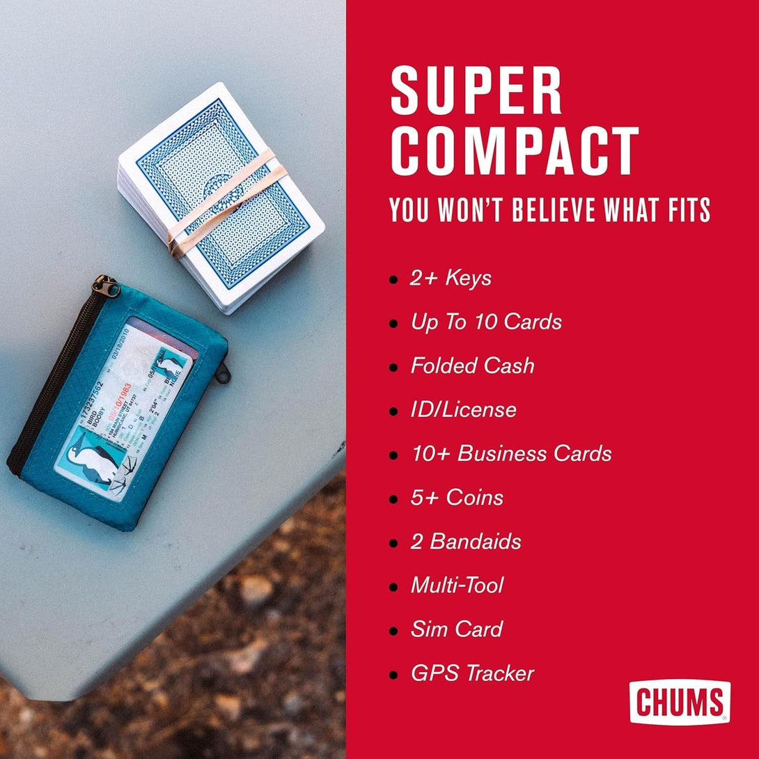 Chums Surfshorts Wallet - Lightweight Zippered Minimalist Wallet with Clear ID Window - Water Resistant with Key Ring