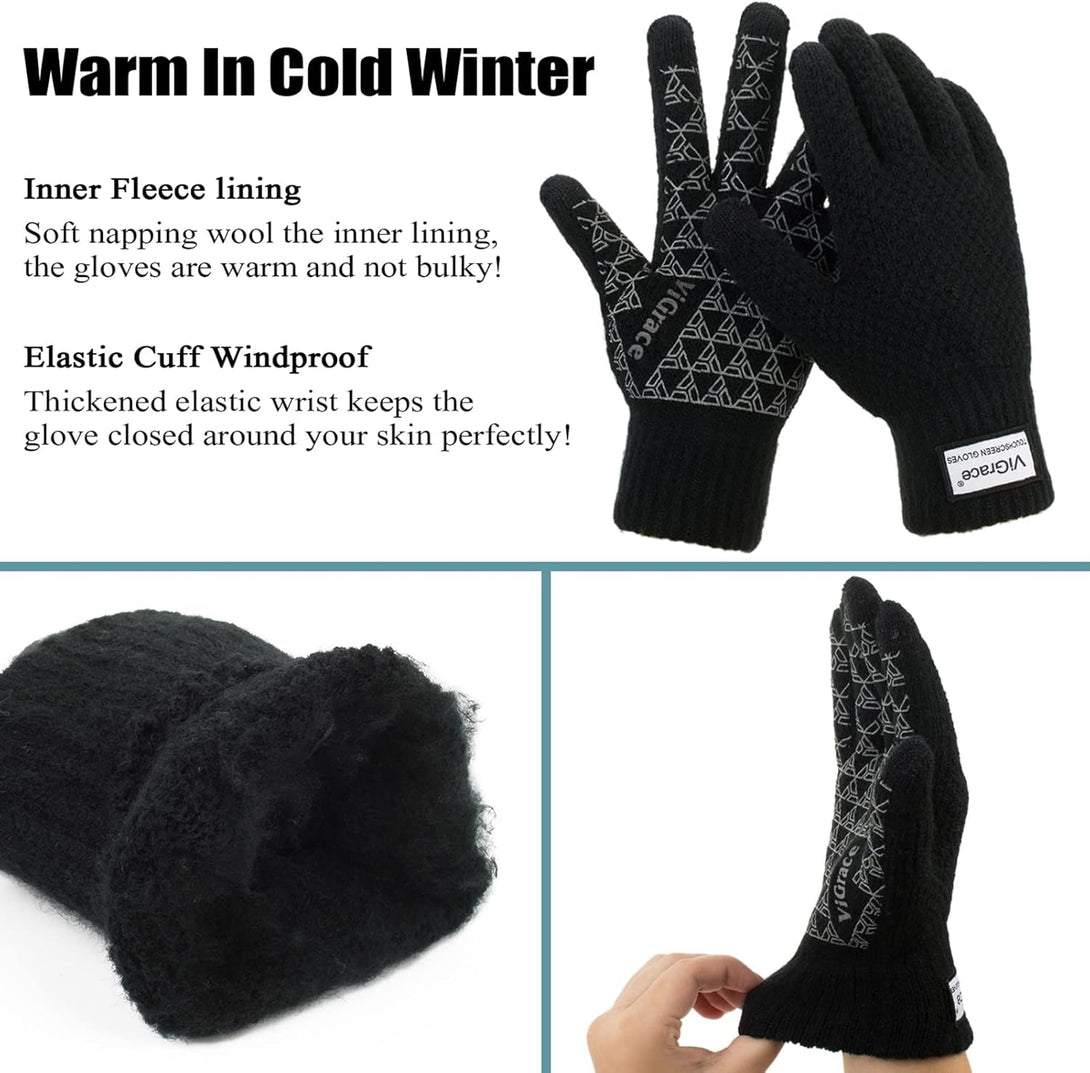 Vigrace Winter Warm Touchscreen Gloves for Men and Women Touch Screen Fleece Lined Knit Anti-Slip Wool Glove