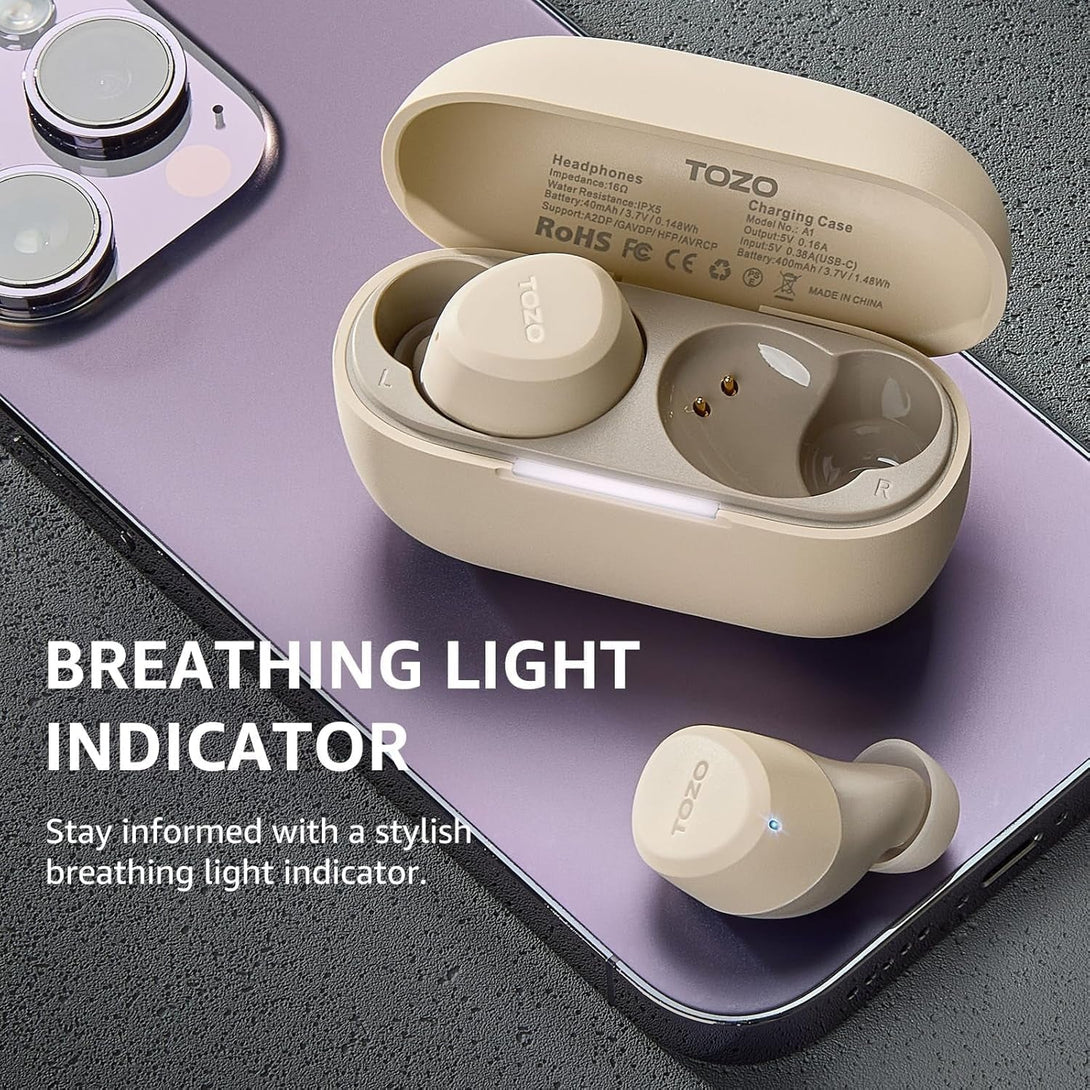 TOZO A1 Wireless Earbuds Bluetooth 5.3 Light Weight in Ear IPX5 Waterproof Headphones 2 Mic for AI Calls, Immersive Premium Sound Bass Headset with Charging Case, 32 Presets EQ Customization via App