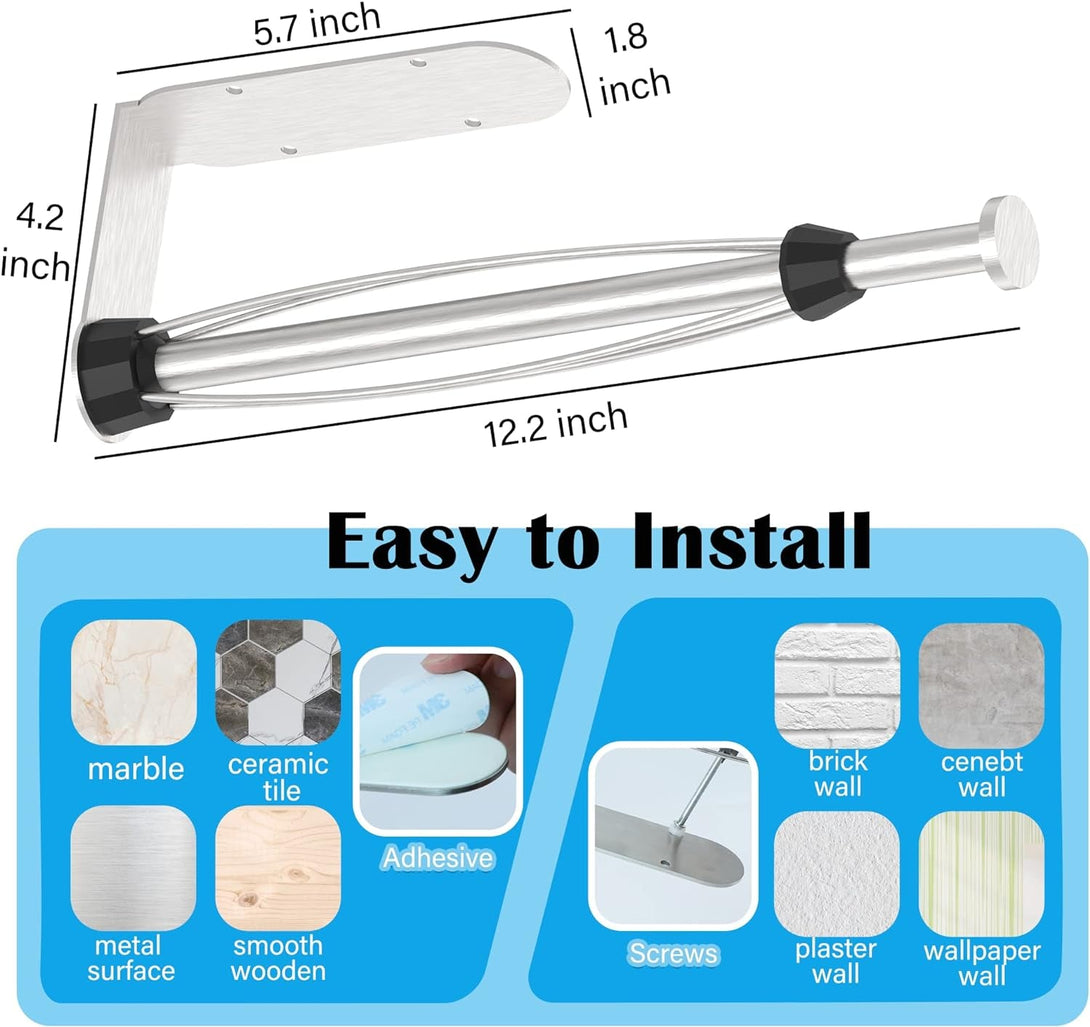 Paper Towel Holder under Cabinet Brushed Nickel Wall Mount Paper Towel Holder with Damping Single Hand Operable, under Counter Paper Towel Racks with Self-Adhesive and Screw for Kitchen Bathroom