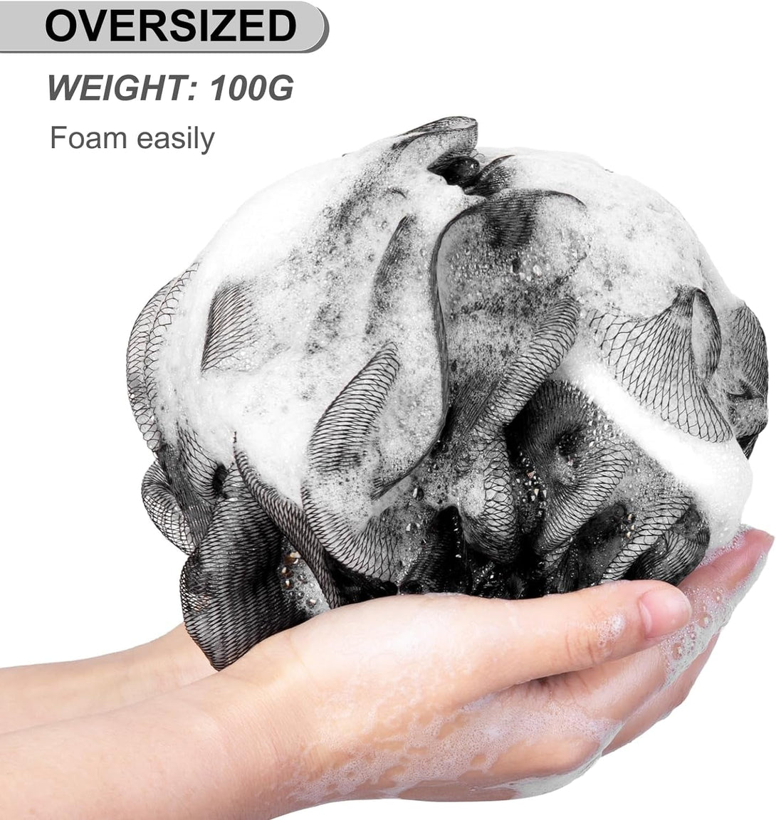 Loofah Sponge Xxl-100G 4 Pack, Bath Sponge Soft Mesh Shower Puff Loofah for Men, Exfoliating Body Scrubber for Women, Shower Accessories (Black)