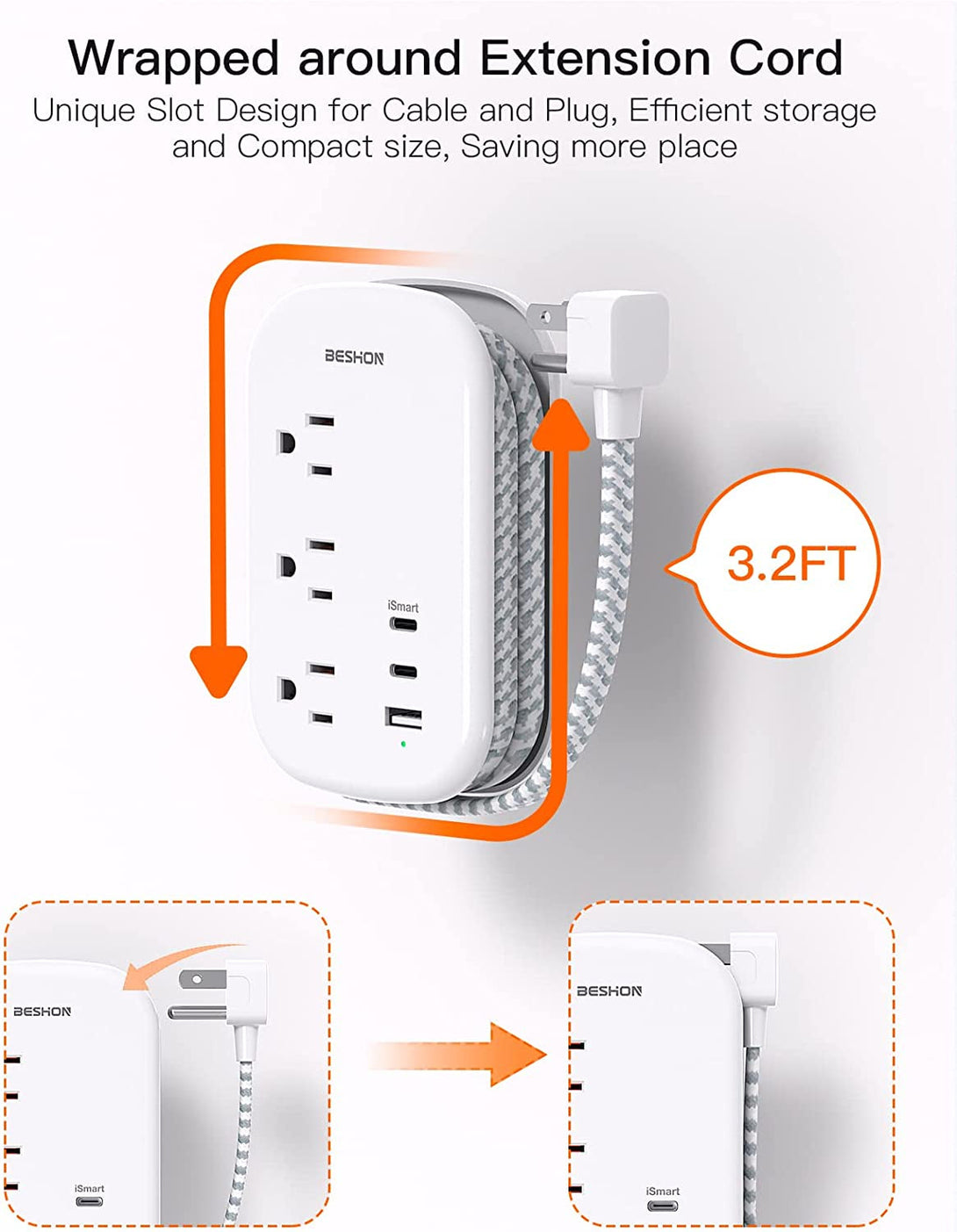 BESHON Flat Plug Power Strip, 3 Outlets with 3 USB Ports(2 USB C), Ultra Flat 3.2Ft Wrapped around Extension Cord for Cruise Ship, Travel, Dorm Room Essentials