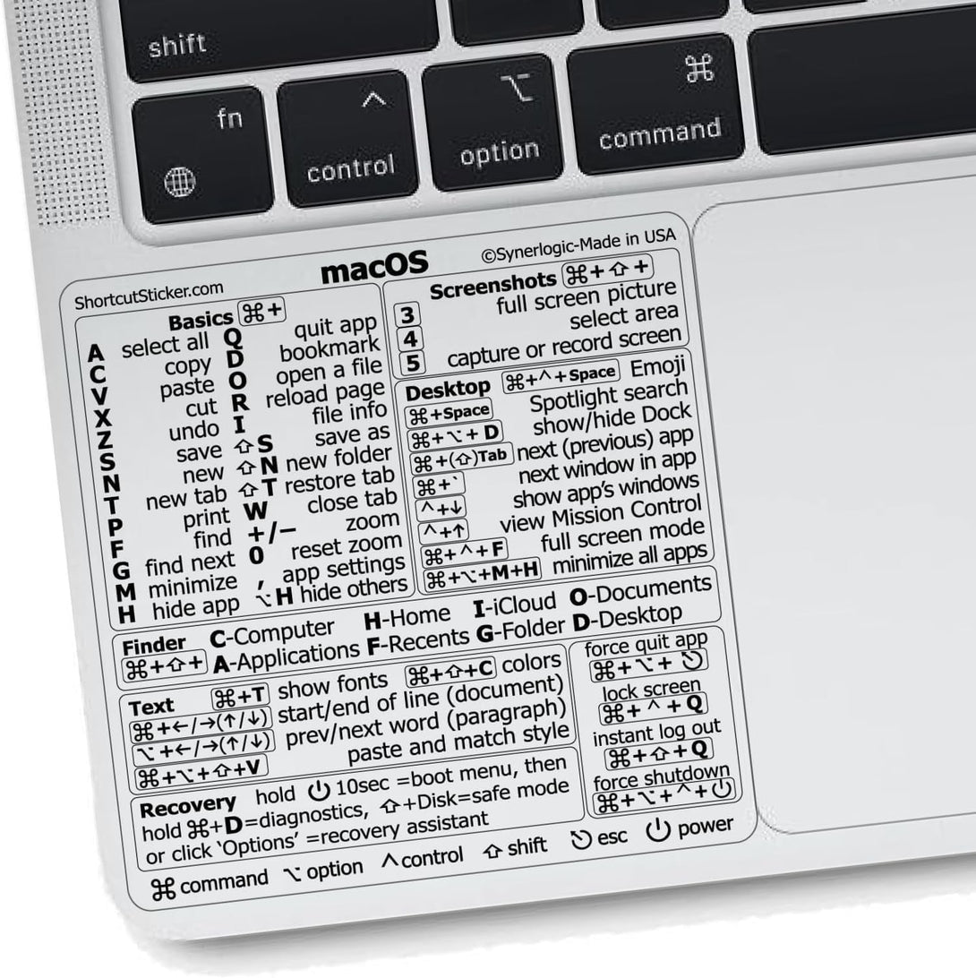 Synerlogic Mac OS Shortcuts Sticker | Keyboard Stickers for Macos | No-Residue Laminated Vinyl Macbook Cheatsheet for Laptop | Macbook Shortcuts 2025 (Clear/Black)